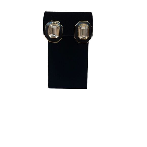 Vintage Trifari Black Enamel Clear Crystal Pierced Earrings - Picture 4 of 9